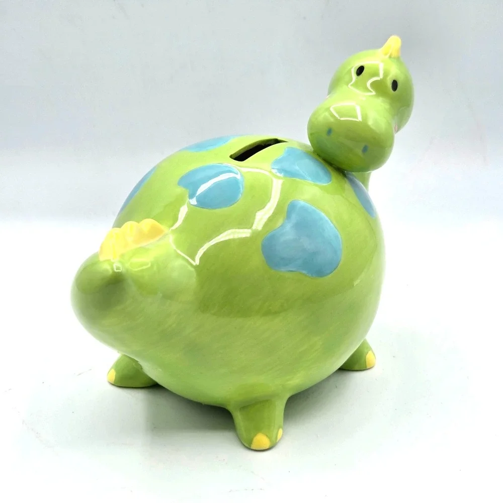 Long Neck Dinosaur Kids Coin Bank Lime Green  & Blue Removable Stopper